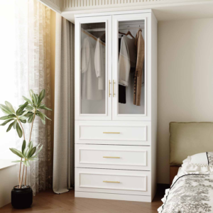 31.7” Wardrobe Closet with Glass Doors 3 Drawers
