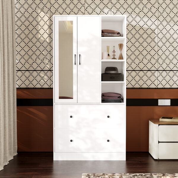 35.6" Modern 2-Door 2-Drawer Closet Storage Wardrobe with Mirror