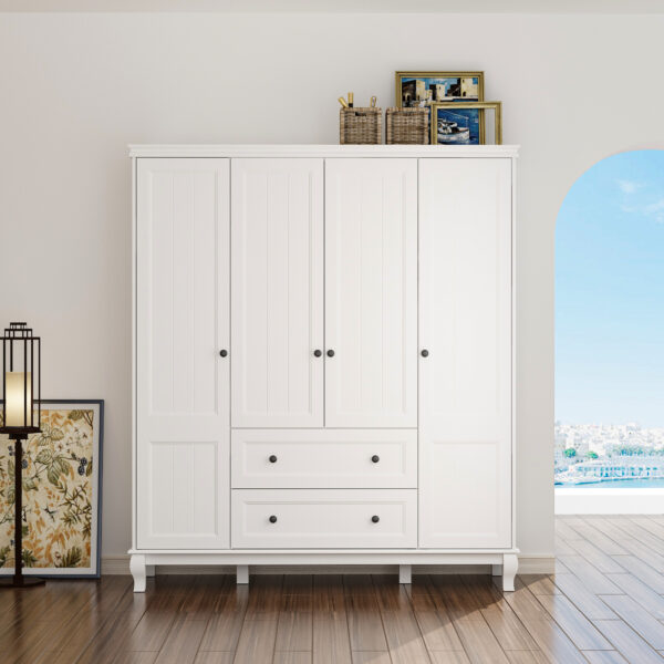63" Modern Minimalist White Wardrobe Armoire with Storage Shelves and Drawers for Bedroom