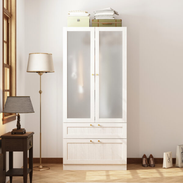31.5" White Modern Wardrobe with Frosted Glass Doors and 2 Drawers