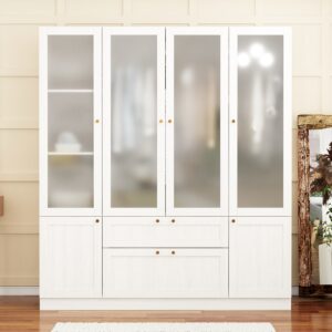 63‘’ Modern Scandinavian Wardrobe with Frosted Glass Doors and 2 Drawers