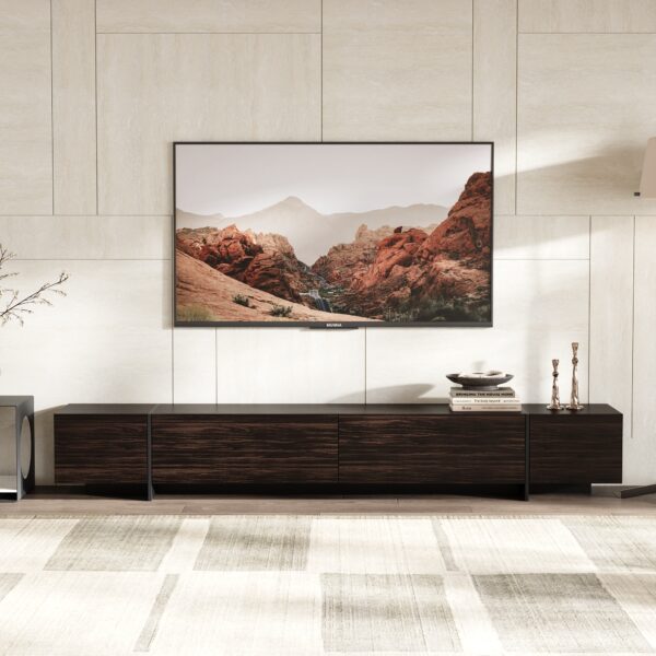95.7" Modern Rustic Dark Brown Entertainment Center with 4 Pull-Down Doors