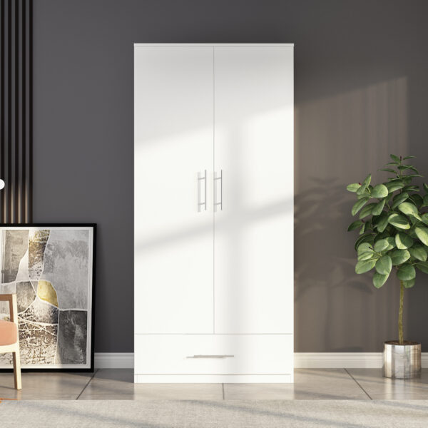 31.5" White/Black Modern  2-Door 1-Drawer Wardrobe Armoire for Bedroom Storage