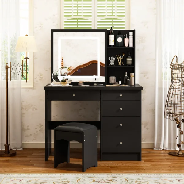39.4" Modern Wide Makeup Vanity Set with Stool and Mirror