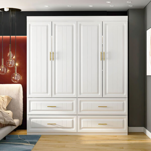 63" Modern Minimalist White Wide Large Armoire Bedroom Wardrobes With 4 Drawers