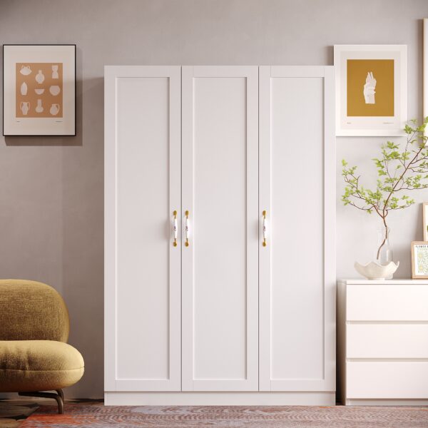 47.2" White Modern Wardrobe with 3 Doors and Ceramic Handles