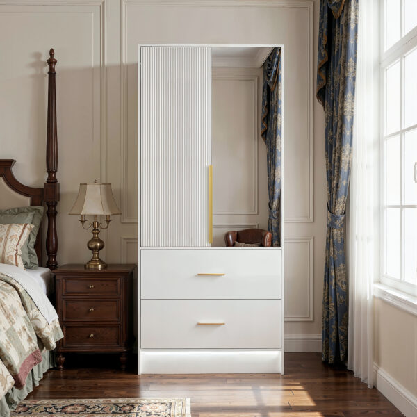 30" LED Wardrobe with Mirror Doors Drawers