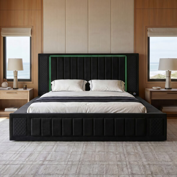 98" & 84" Luxury LED Storage Black Platform Bed Queen & King
