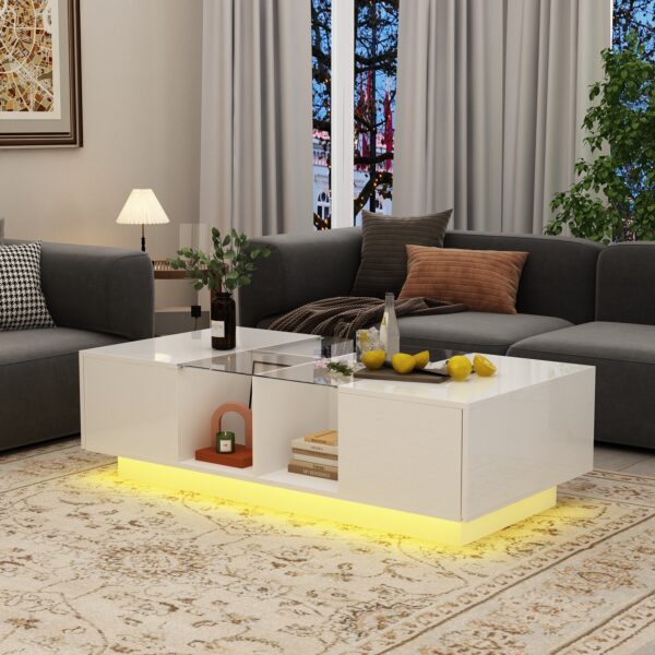 47.4" White Modern Minimalist Coffee Table with Storage And LED Lighting