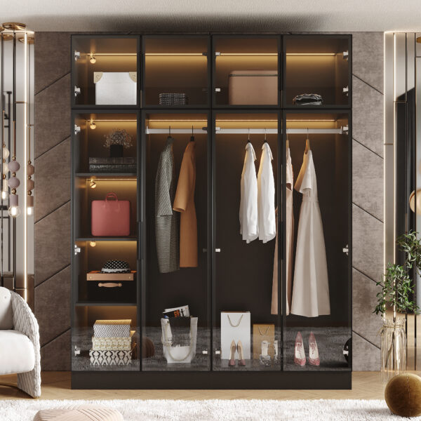 59" Black Modern Wardrobe Armoires With LED Lighting and Tempered Glass Doors