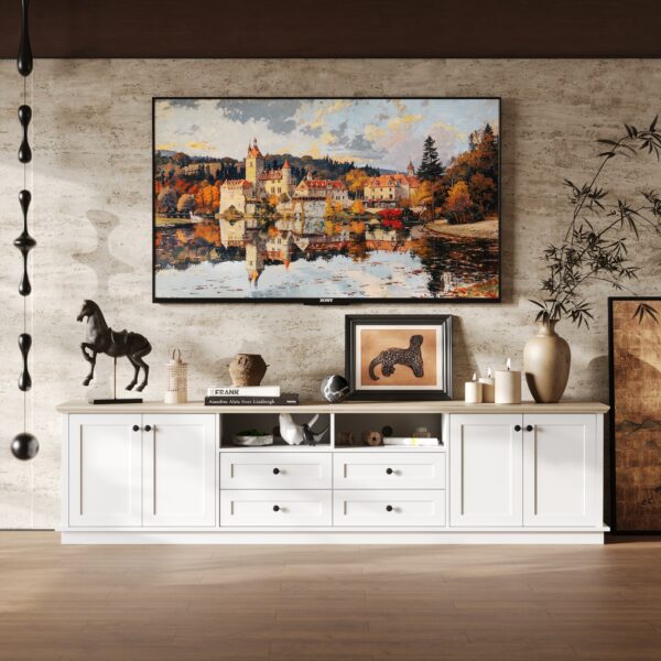 94.5" TV Stand with 2 Pair Doors on Both Sides & 4 Middle Drawers