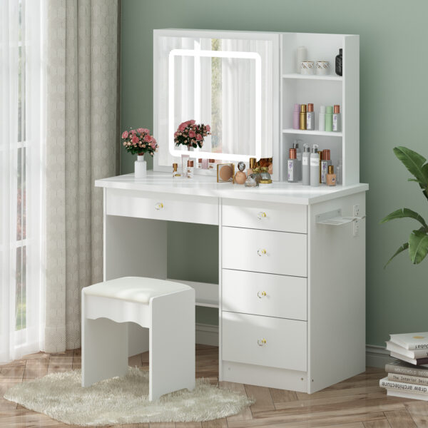 39.4" White/Black Modern Minimalist Makeup Vanity Desk With Power Outlet & Hair Dryer Holder