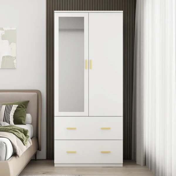 31.5" Wardrobe Closet with Mirrored Doors and Hanging Rod for Bedroom