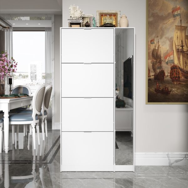 31.5" White Modern Flip-Down Shoe Cabinet with 3 Tiers & 28 Pair Capacity