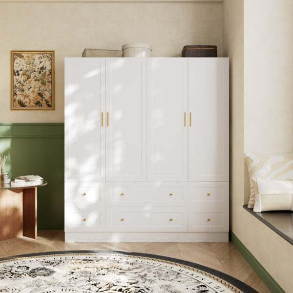 63" White Modern 4-Door Wardrobe with Optimized Storage