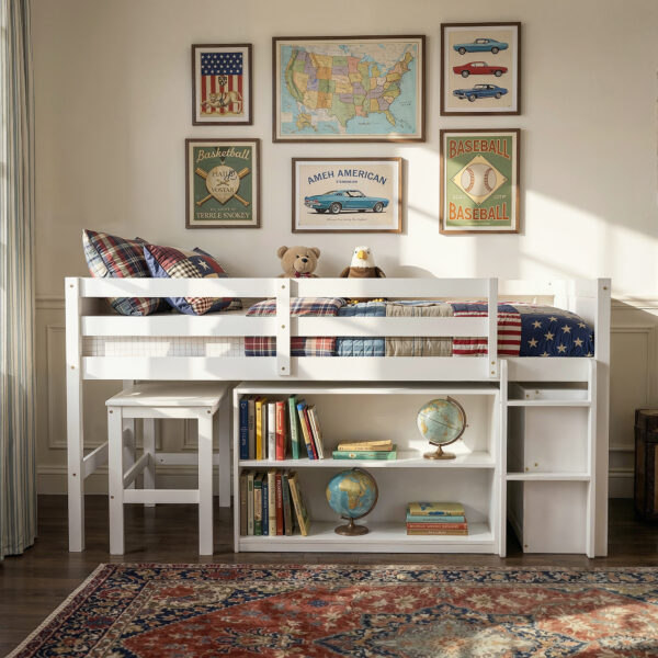 79.5'' White Modern Twin Loft Bed with Movable Desk and 2 Bookcases