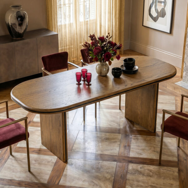 70.9" Curved Design Dinner Table with Oak Veneer & Black Metal Trims (No Chairs)