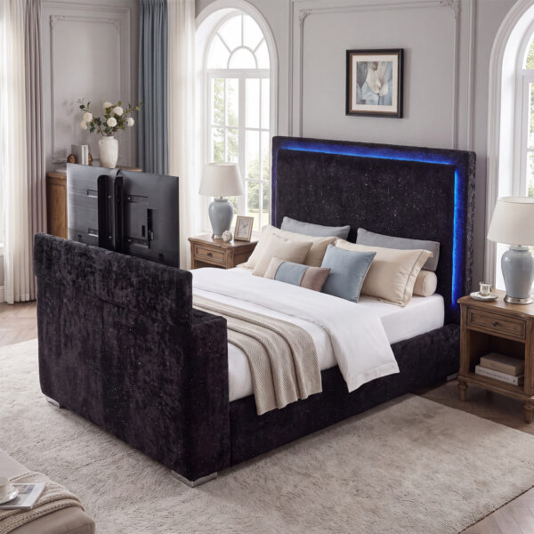 100" Upholstered Fireplace Bed With TV Lift Queen & King