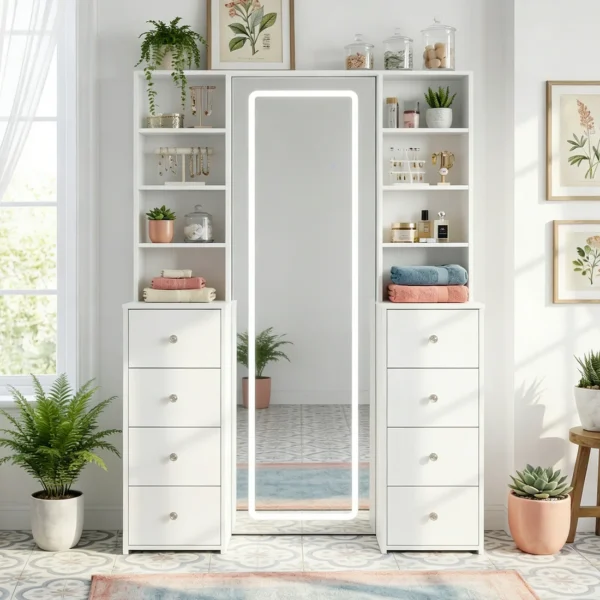 47.2" White Modern Makeup Vanity with LED Mirror, Side Shelves and 8 Drawers