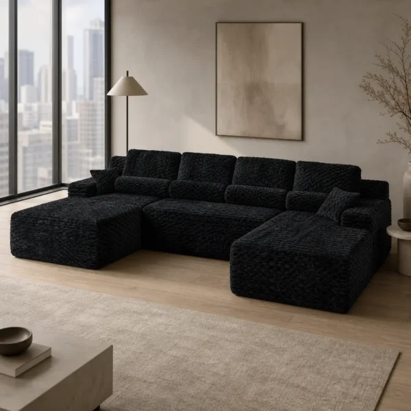 137.8" Modern Black Plush U-Shaped Sectional Boneless Sofa with Double-Layer Cushions and Pillows